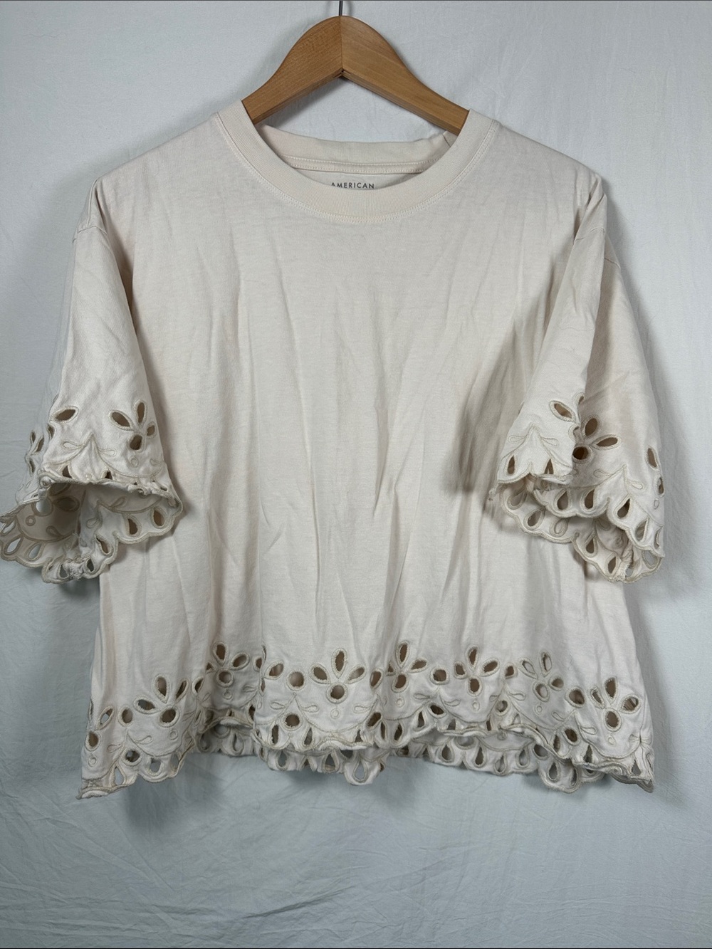 American Eagle Outfitters Soft Cream Eyelet-Trim Short Sleeve Tee